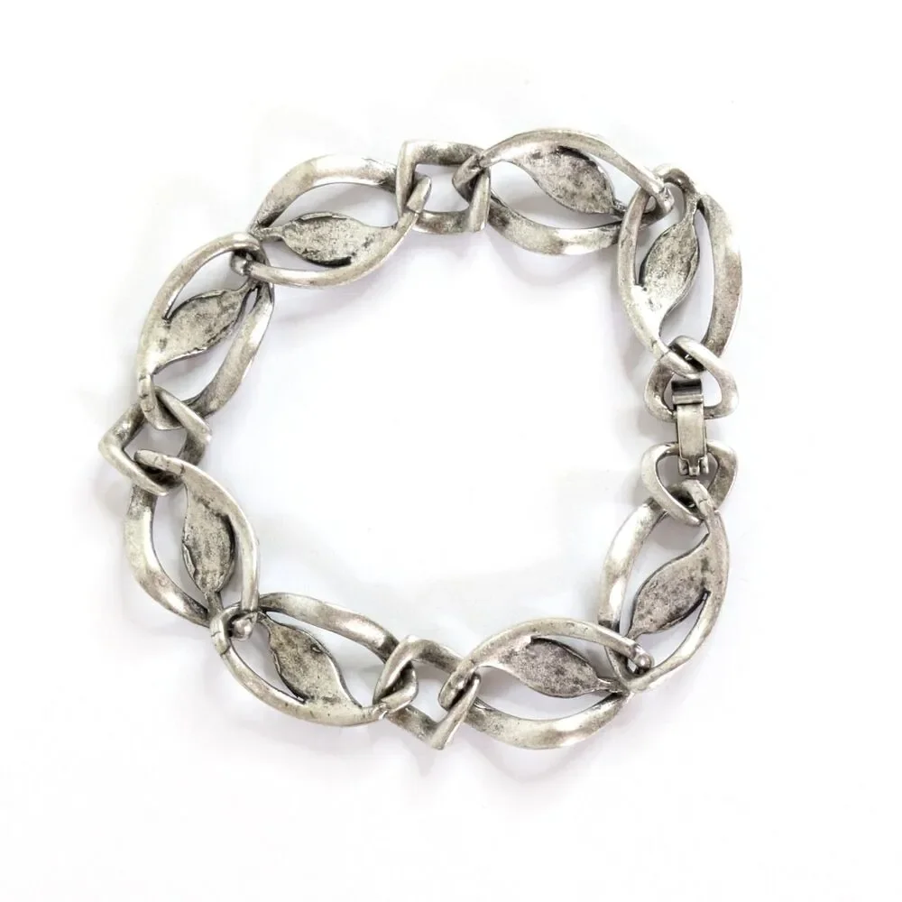 Marquise Eye Shaped Silver Tone Textured Link Bracelet Marcasite Style 6.5